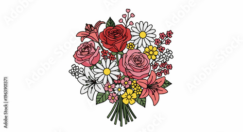 A colorful arrangement of various flowers, including roses, lilies, and daisies
