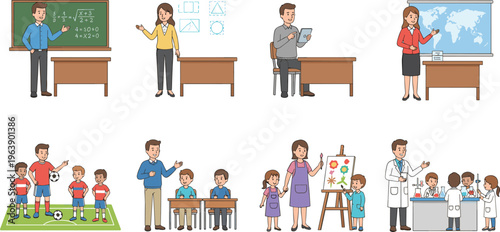 Collection of diverse teaching and learning scenes including classroom lessons, sports coaching, art activities, science experiments, and geography discussions