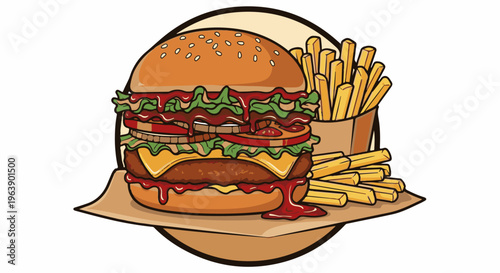 A juicy double-decker burger with ketchup and a side of fries