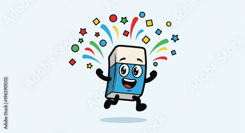 A joyful cartoon eraser character jumps with confetti and stars