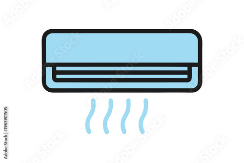 Blue and black icon of a wall-mounted air conditioning unit blowing cool air, symbolizing refreshing climate control and indoor temperature regulation, Air Conditioner, Air Flow