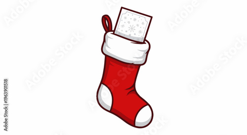 A festive red Christmas stocking with a white cuff holds a card