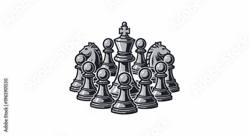 A group of monochrome chess pieces are arranged in a protective circle