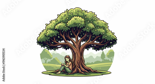 A person rests peacefully beneath a large, leafy tree on a grassy knoll