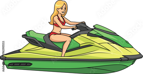 Woman riding jet ski on water, summer beach vacation water sport activity cartoon vector illustration