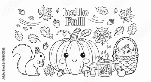 A kawaii autumn scene with a friendly pumpkin, squirrel, apples, and hot drink