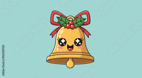 A cute, smiling golden bell with sparkling eyes, red ribbon, and mistletoe