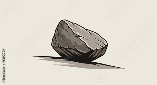 A detailed illustration of a single, grey, rough-textured rock with sharp edges