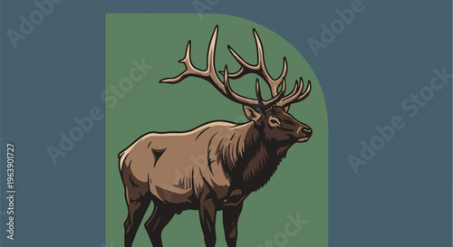 A majestic elk with large antlers stands on a green background