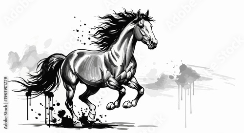 A majestic horse gallops with a flowing mane against an abstract watercolor background