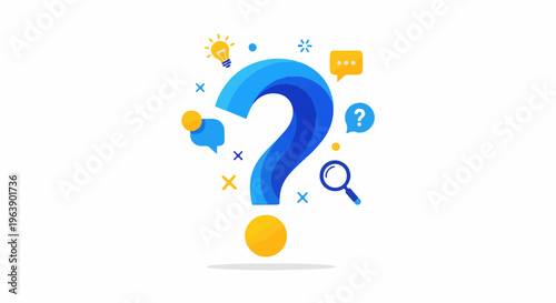 A large blue question mark surrounded by bright yellow and blue abstract shapes and icons