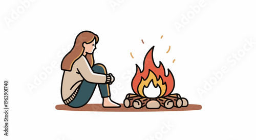 A person sits by a campfire on a white background