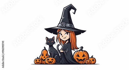 A cute witch with a black cat and pumpkins, celebrating Halloween