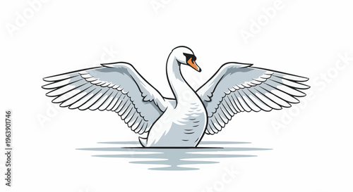 A majestic swan with wings spread wide, standing gracefully in calm water