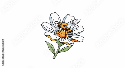 A detailed illustration of a striped bee collecting nectar from a white daisy