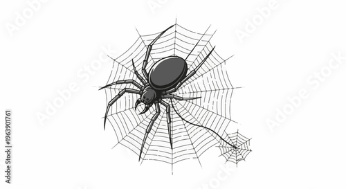 A detailed illustration of a spider resting on its intricately woven web