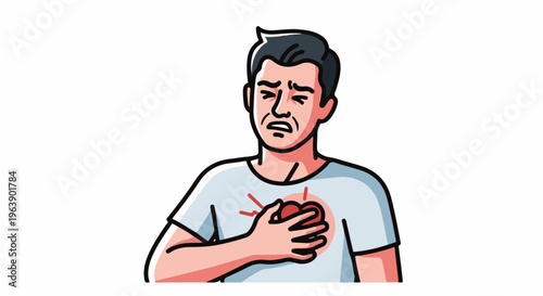 A man clutches his chest in pain, his face contorted in distress