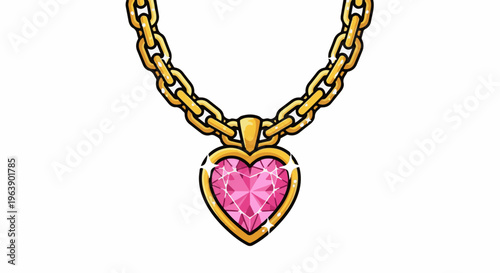 A golden chain supports a vibrant heart-shaped pink gemstone pendant