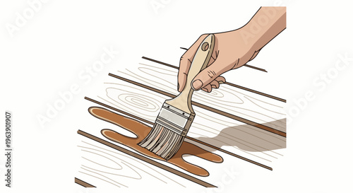 A hand brushes wood planks with a brown liquid coating