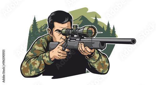 A man in camouflage aims a sniper rifle at distant mountains