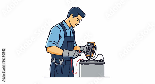 A man in overalls tests a battery with a multimeter