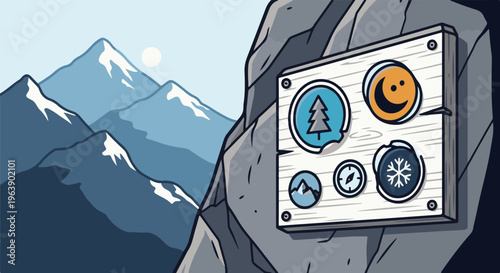A mountainous landscape with a sign showing icons for nature and weather