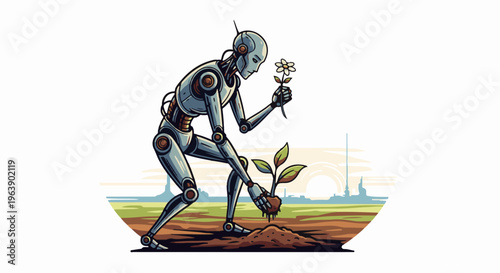 A mechanical figure plants a seedling in a field at sunrise, holding a flower
