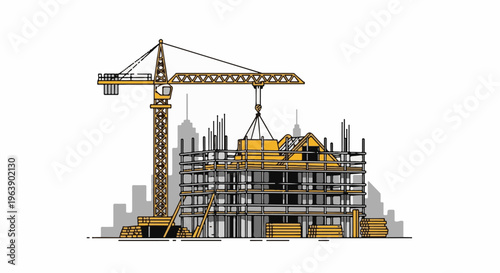 A large yellow crane hoists material above a building under construction