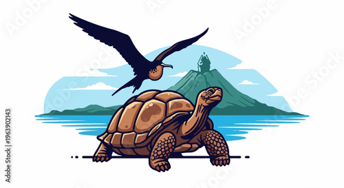 A large tortoise stands on a line as a bird flies above a volcanic island
