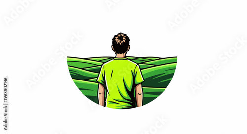 A person stands looking out over rolling green hills
