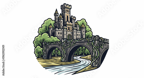 A medieval castle stands atop a hill, accessed by a stone bridge over a winding river