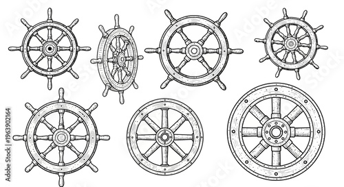 Set of Hand Drawn Ship Steering Wheels