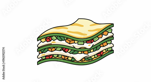 A layered stack of brightly colored, chopped vegetables between pale yellow pastry sheets