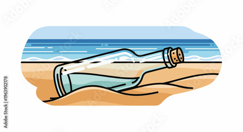 A message in a bottle lies partially buried in sand on a beach