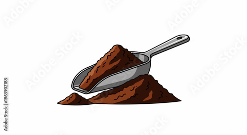 A metal scoop holds a pile of dark brown powder next to scattered mounds