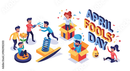 Colorful illustration of people playing pranks on each other on April Fools' Day with humor and jokes concept