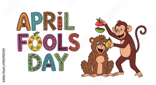 Vector illustration of two playful monkeys with colorful flowers and fruits on April Fools' Day with a funny prank concept and humor and jokes theme.