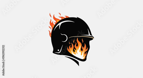 A graphic of a black helmet engulfed in flames, with flames also rising from the top
