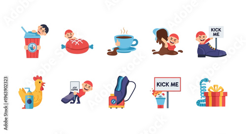 Colorful vector illustrations of playful pranks and humorous jokes on April Fools' Day with laughing friends and funny surprise concepts.