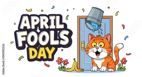 Illustration of a surprised orange cat with a bucket poured over it on April Fools' Day, surrounded by confetti and prank elements in a playful design.