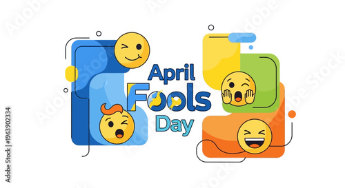 Colorful graphic design for April Fools' Day with laughing emojis and playful illustrations on a vibrant background.