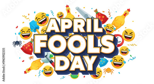 Colorful April Fools Day design with vector illustrations and emojis on a white background, conveying humor and jokes concept.