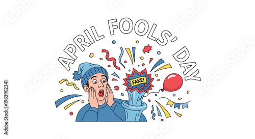 A cartoon illustration of a man in a blue outfit reacting with surprise to a prank on April Fools' Day with colorful confetti and banners.