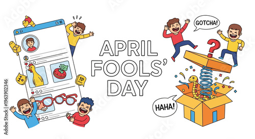 Illustration of a playful April Fools' Day scene with cartoon people pranking each other, surrounded by humorous elements and a spring-loaded box, conveying a funny and lively mood with