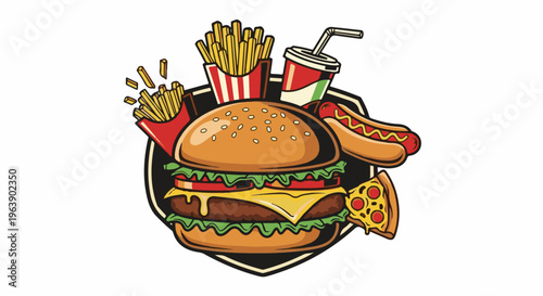 A colorful illustration of a burger, fries, hot dog, pizza, and soda