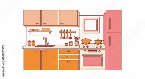 A colorful illustration of a kitchen with cabinets, sink, stove, and refrigerator