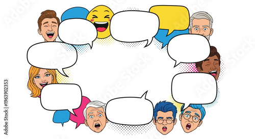 Diverse group of people with speech bubbles in a circle on a white background, conveying humor and jokes concept for April Fools' Day prank ideas.