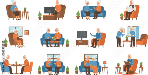 Elderly people in cozy home settings reading, relaxing, conversing, watering plants, playing chess, and enjoying peaceful companionship together