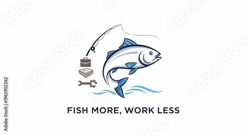 A fish jumps from water as a fishing rod and work symbols are nearby