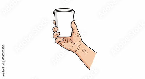A hand holds a blank white disposable coffee cup
